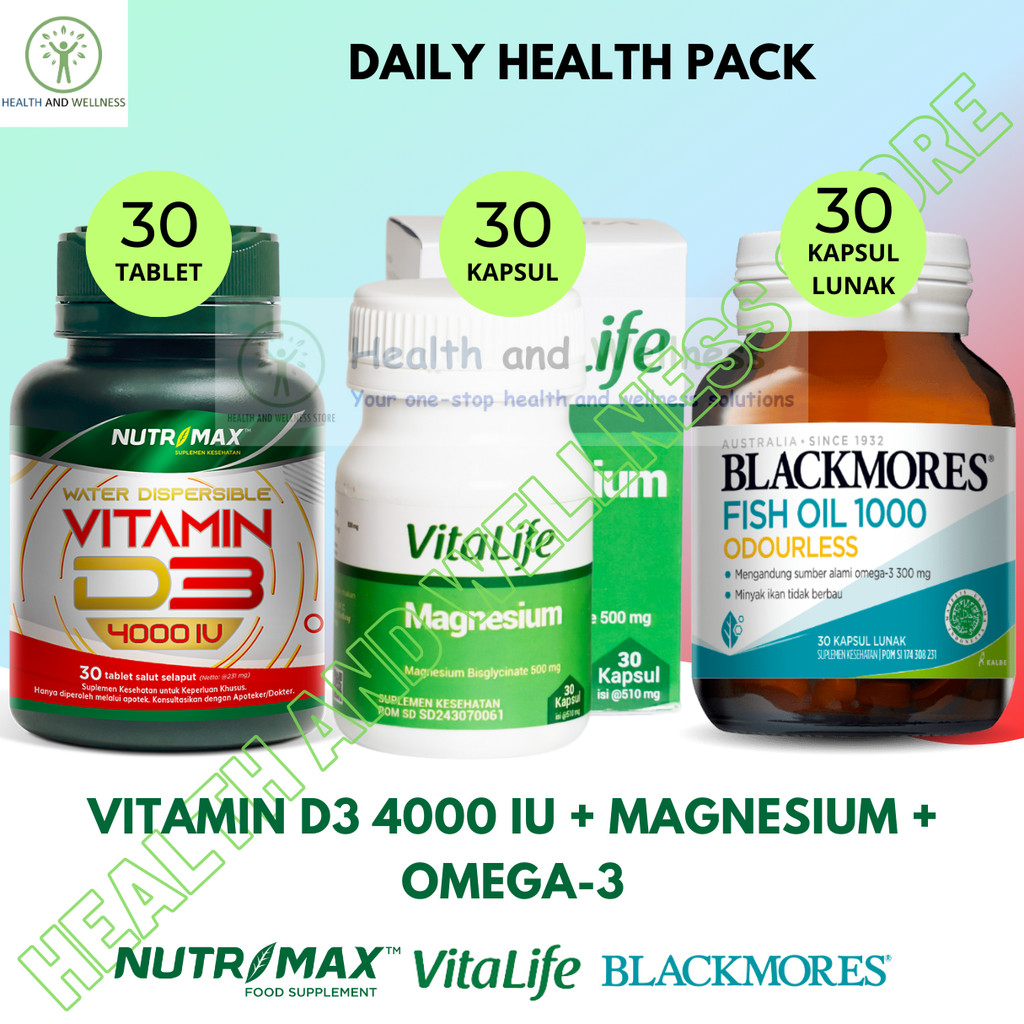 Blackmores Fish Oil Odourless 1000 Nutrimax Vitamin D3 4000 IU Vitalife Magnesium Paket