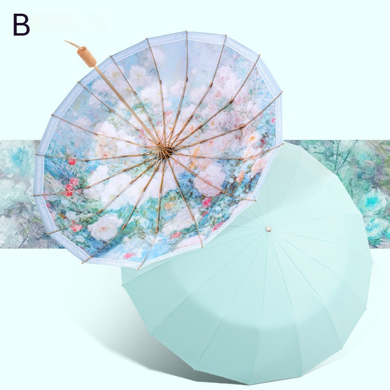 

16-Ribbed Colorful Rubber Series Oil Painting Foldable Sun Umbrella with Black Rubber UV Protection Stylish Design