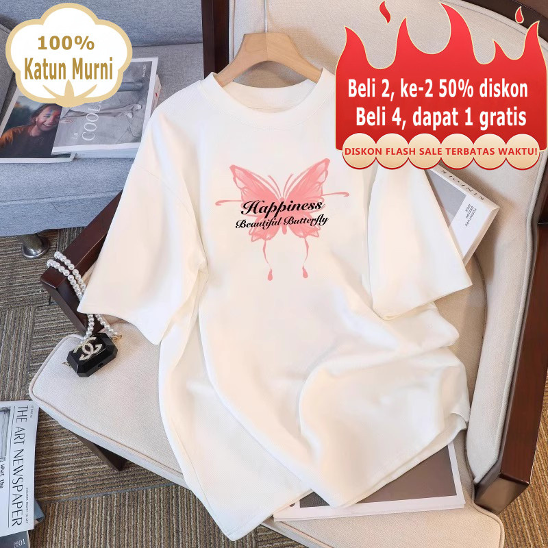 HARGA MURAH Kaos Wanita Huruf Seni KupuKupu Warna PinkKatun Oversize Casual KerjaCOD