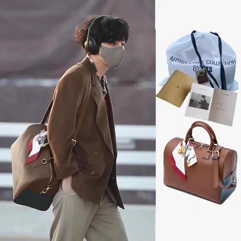 

KPOP Boys Boston Bags V Design Mute Unisex Bostons Crossbody Bag PU Large Capacity Shoulder Bags with Silk Scarf Bag Organizer