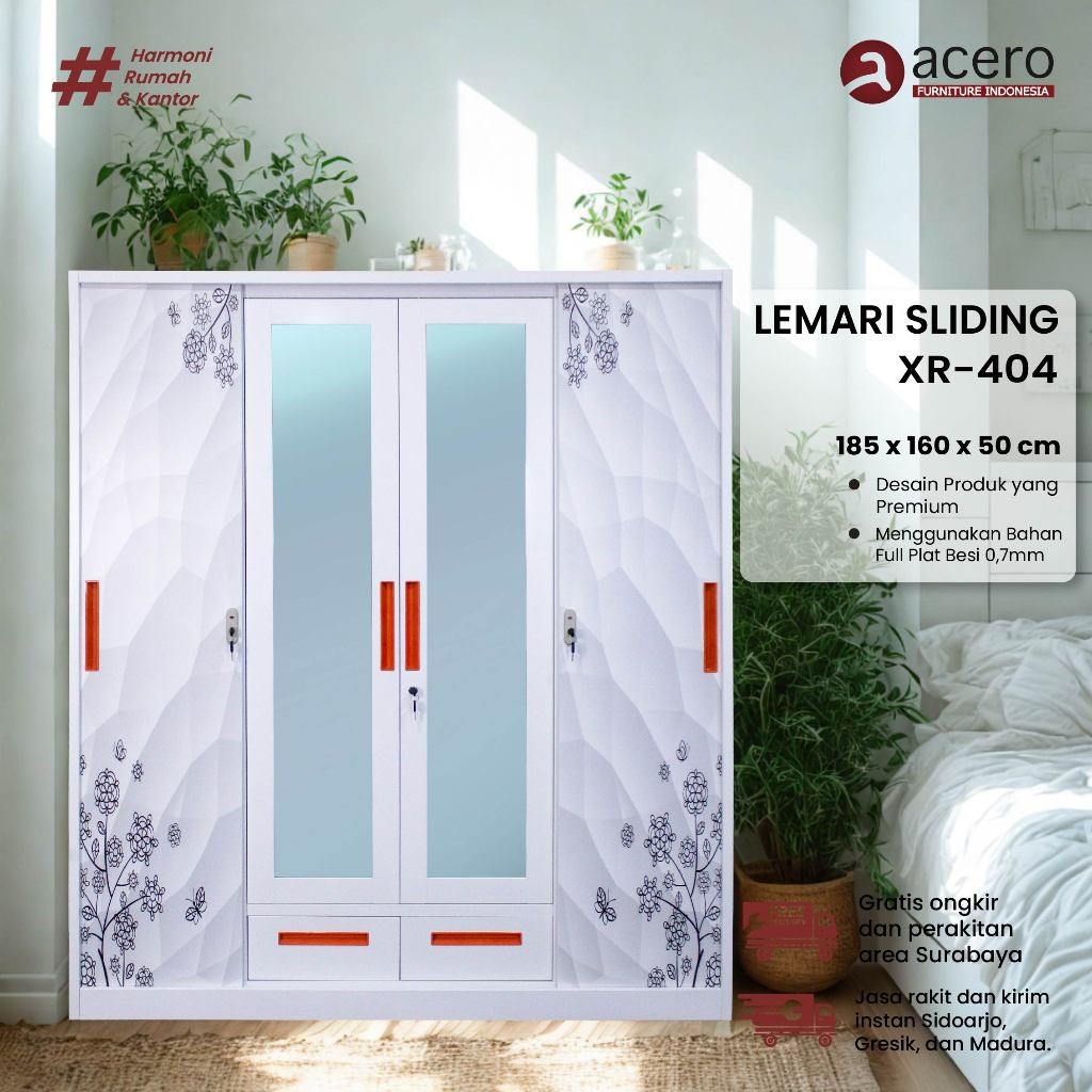 KARGO FREE PACKING KAYU - Lemari Pakaian Besi 4 Pintu Sliding Minimalis Lemari Baju sliding laci XR 