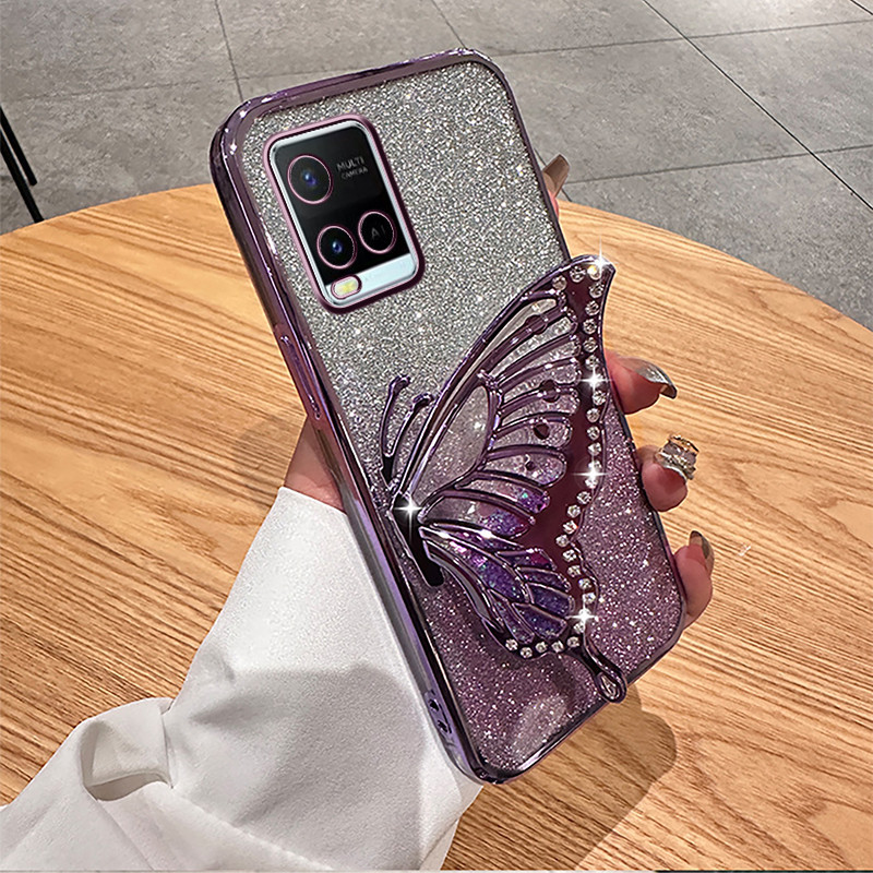 Casing HP Vivo Y21 Y21A Y21e Y21s Y21T Y21D Y33s Y33T berlian mengkilap Cairan Bening Berdiri kupu-k