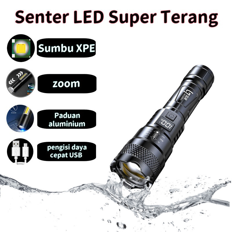 Senter LED Super Terang Portabel Zoom Rechargeable Ipx8 Tahan Air Baterai Tahan Lama Senter Cas Poli