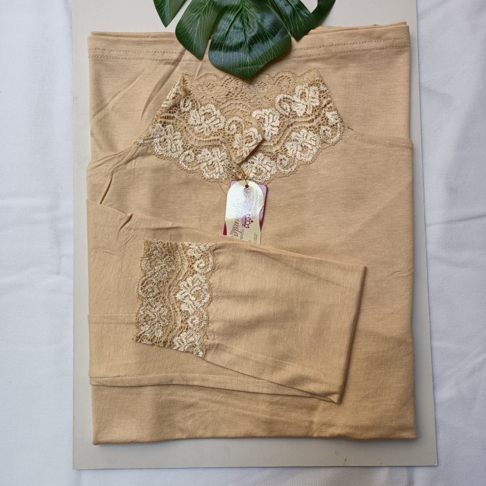TOKOSANIA Baju Manset Renda Lengan Panjang Bahan Kaos Rayon Premium  - Coklat Kulit, XL