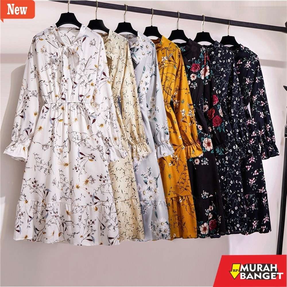 dress wanita kekinian Warna solid hitam merah Wanita midi dress korea lengan panjang Muslimah motif 