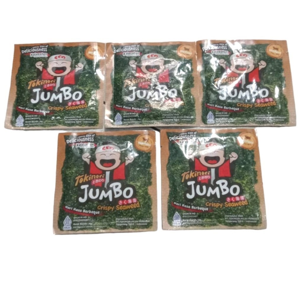 

Rumput Laut Seaweed Nori Sheet Snack Tokinori Jumbo barbeque barbecue BBQ 5 x 4 Gram (Bundle 5 Pcs)