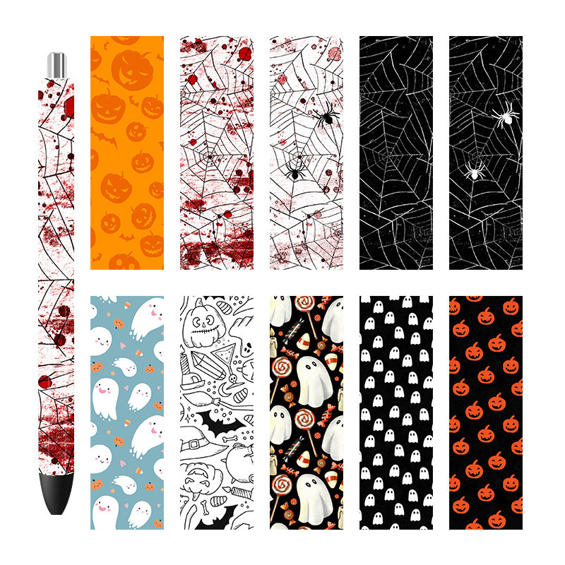 

6PCS 4.75x1.5'' Pen Wrapping Stickers Halloween Ghost Pumpkin Cobweb UV DTF Vinyl Waterslide Epoxy Pen Wrapper P357