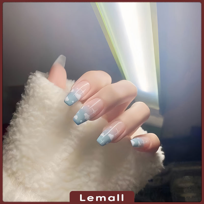 1 Set Kuku Palsu + Lem Kuku Palsu Nail Art awan putih