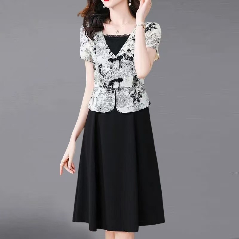 FAN Gaun Lengan Pendek Bunga Gaya Cina Gaun Lengan Pendek Gaun Bunga Elegan