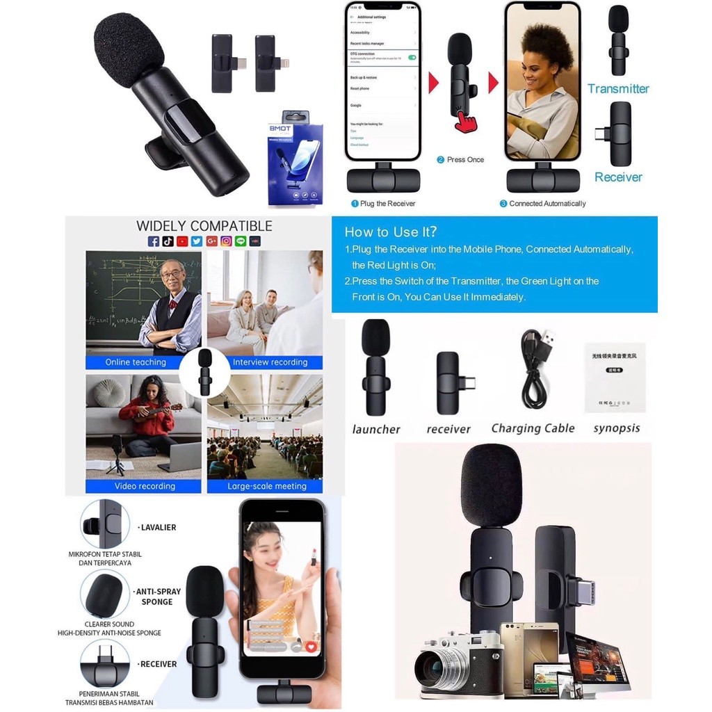 Mic wireless hp vlog  KT-10pro mini mic clip on type c / lightning