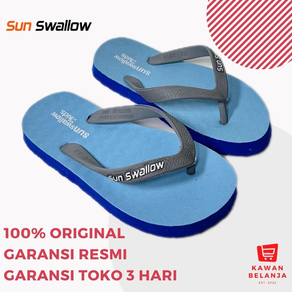 Sandal Jepit Karet Anak Laki-Laki Perempuan Sun Swallow Kids Biru Kuning Pink Hijau Ukuran 7.5-8.5