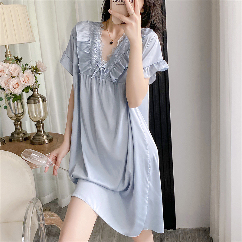 (COD)Rok tidur lengan pendek kerah V sutra es wanita baru/daster/daster kekinian terbaru/baju dinas 