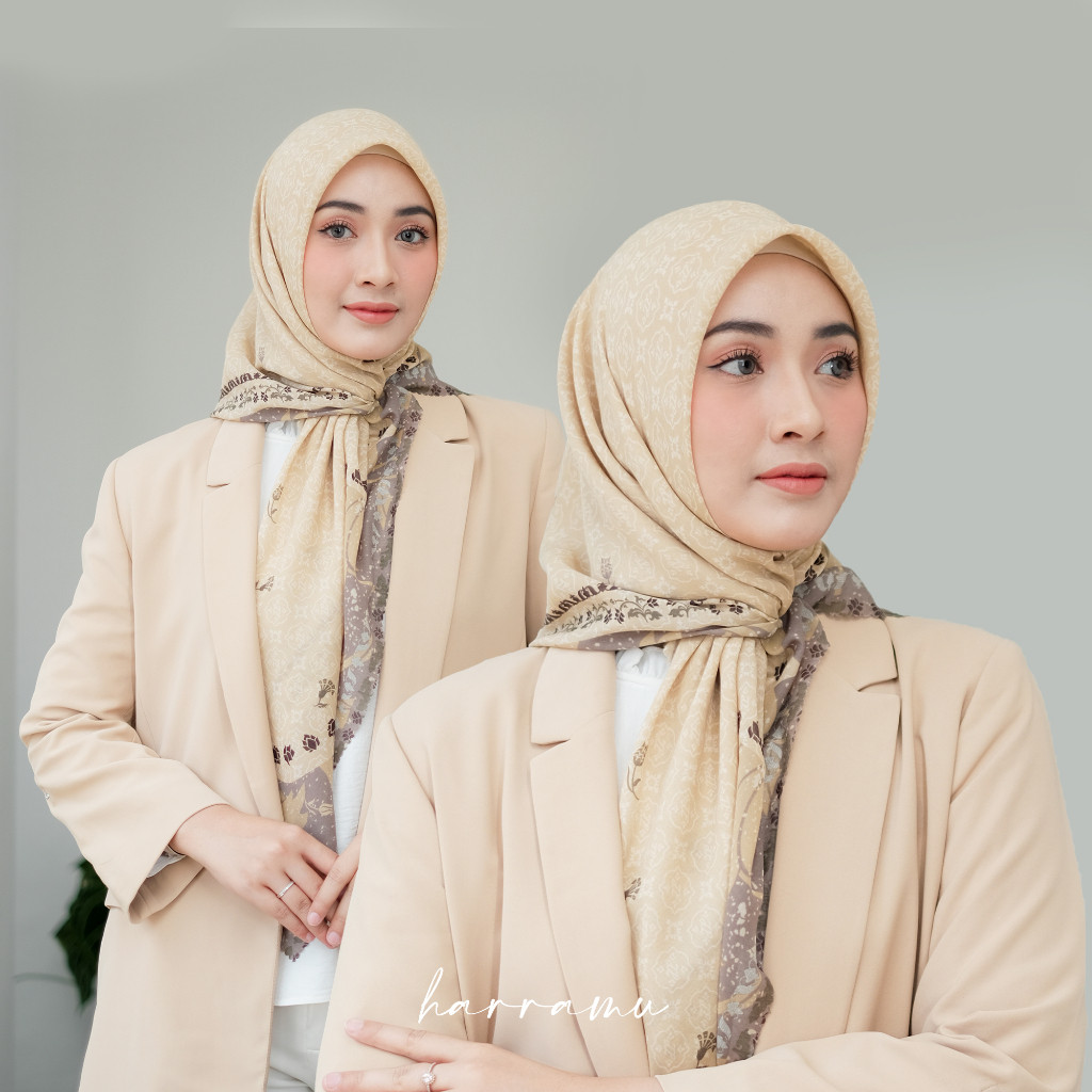 HARRAMU Jilbab Segiempat Motif Kamaria Coklat Muda Voal Paris Premium Hijab Segi 4 Empat Square Lase