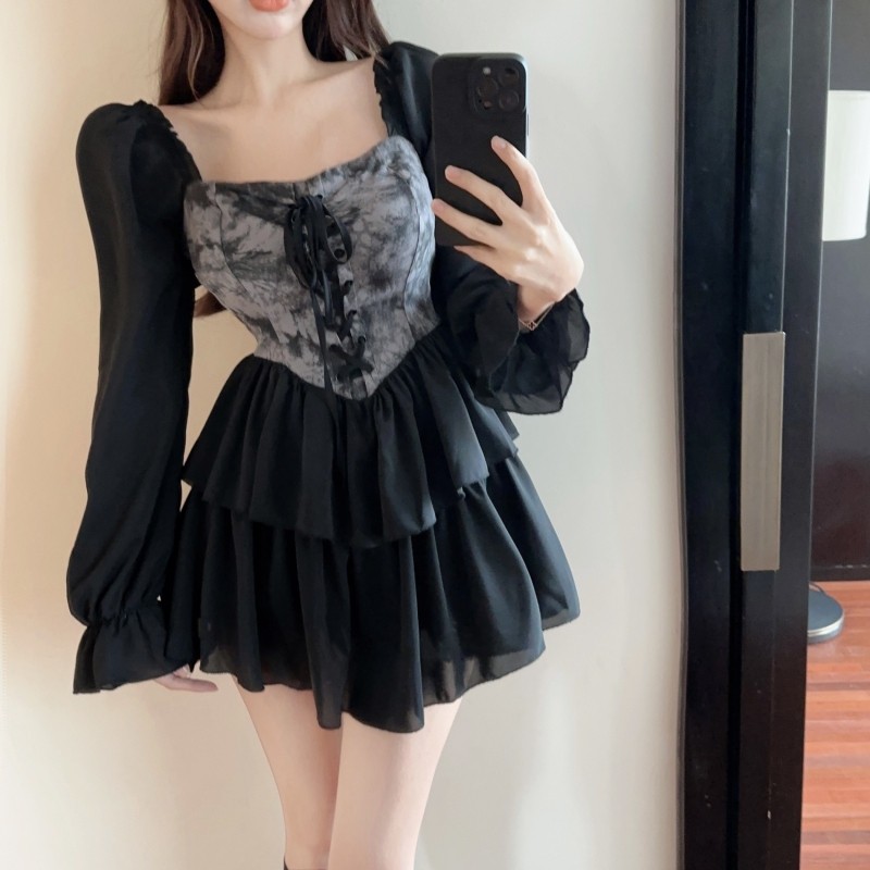 Hot Deals Emita Bloom Dress Lengan Panjang Lace Korean Style Hitam Wanita Cantik Mini Big Size