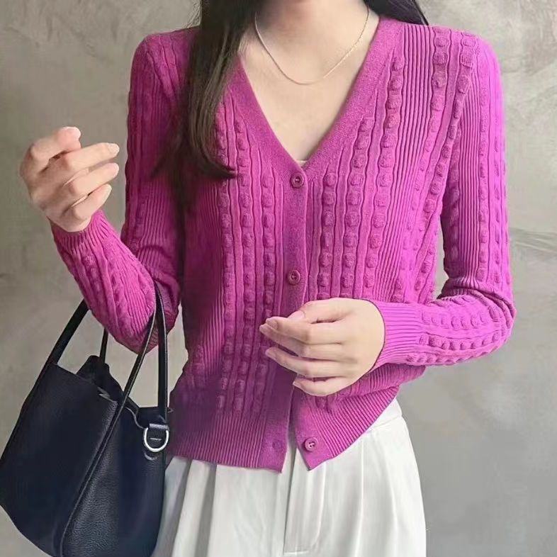 

Autumn Winter Knitted Loose Women V-neck Sweater Short Outdoor Coat Polyester Fabric Korean Style Casual Style