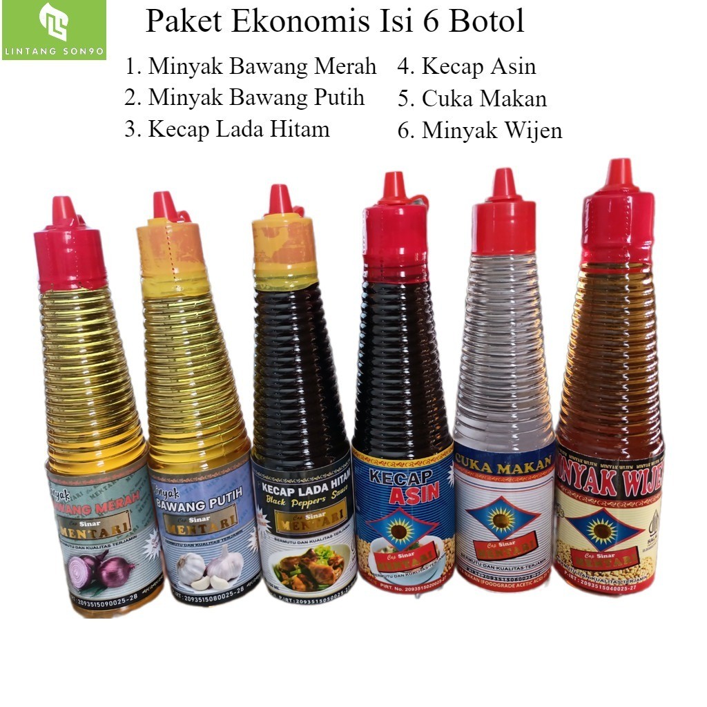 

Paket Ekonomis Isi 6 Botol Cap Sinar Mentari 150 Ml -Minyak Bawang Merah, Minyak Bawang Putih, Kecap Lada Hitam, Kecap Asin, Cuka, Minyak Wijen