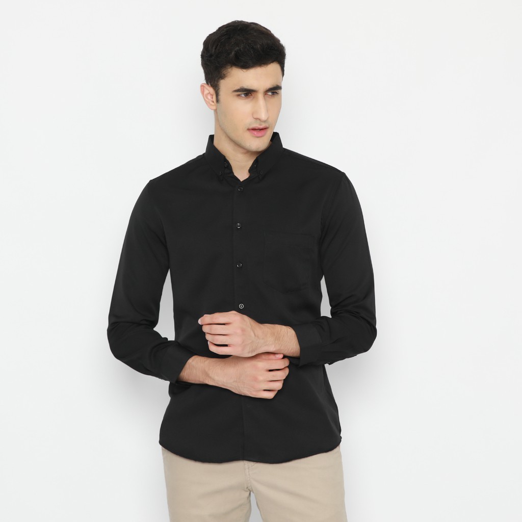 atasan Baju Kemeja Pria Lengan Panjang Polos Polinosic Hitam style korea kerja kantor