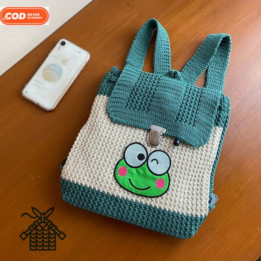 Tas gendong rajut murah berkualitas / tas punggung karakter keroppy rajutan murah / tas ransel anak 
