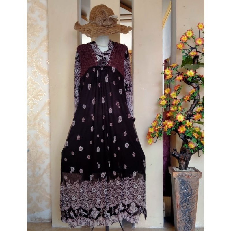 Gamis Hitam Etnik Tile Printing full furing