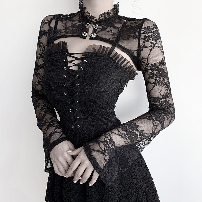 dark court renda vintage atas halloween goth blus wanita tren