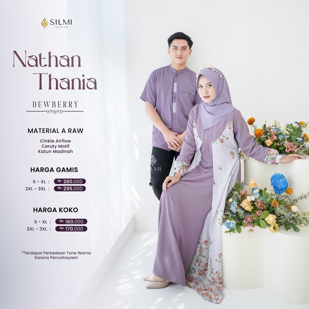Setelan Dress Couple Pasangan Terbaru Muslimah Dewasa Warna Purple Silmi Nathan Thania Dewberry
