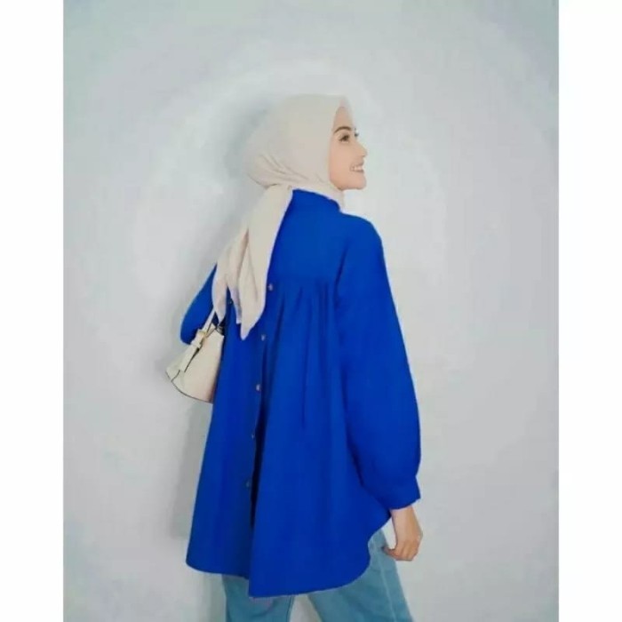 Hana rikatop linen shirt/kemeja wanita linen oversize kancing belakang - Biru