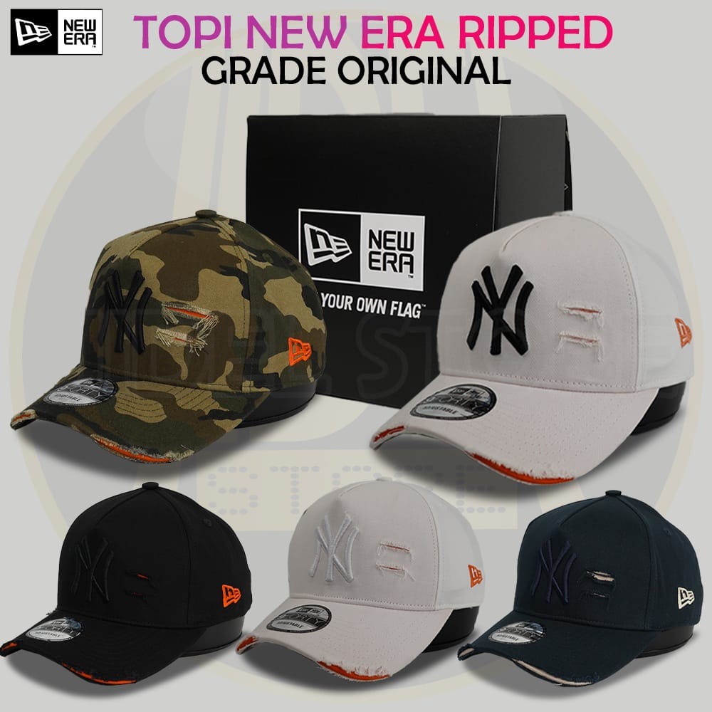Topi Grade Import Baseball Hat Damage Ripped Sobek NY, Topi Bisbol NBA Cap Loreng Camo, Biru Hitam P