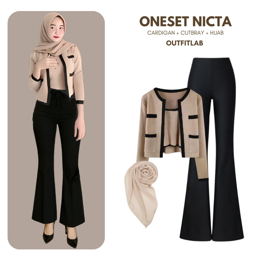 Outfit Set Nicta Setelan Hangout ( Cardigan + Cutbray + Hijab ) One Set OOTD Hijab Wanita Kekinian