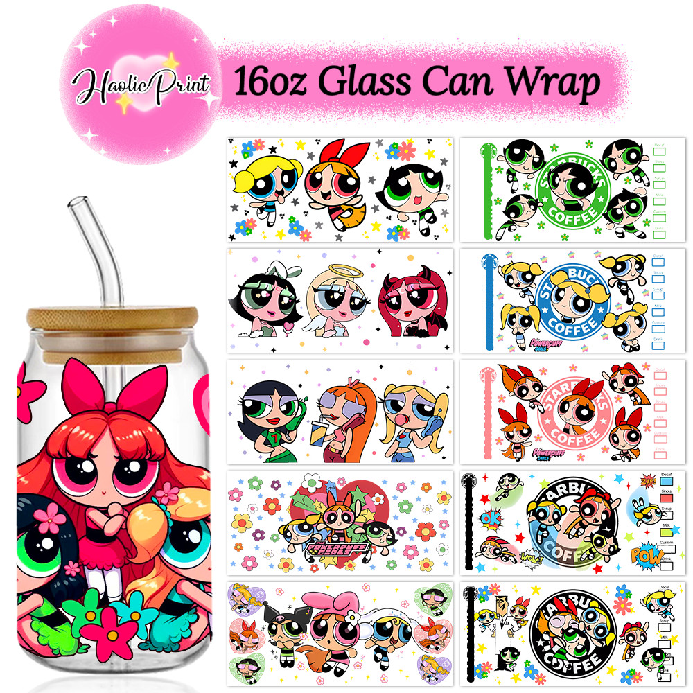 

Powerpuff Girls UV DTF Cup Wrap 16oz Libbey Glass Can DIY Sticker Cartoon Selfadhesive Washable DIY Blossom Bubbles Buttercup