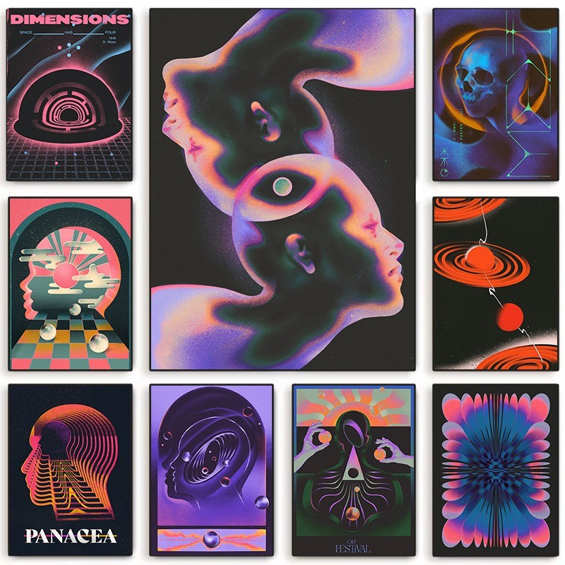 

Abstract Futurism Wall Art Dark Colorful Character Geometry Canvas Print Trendy Retro Poster for Living Room Home Decor Gift