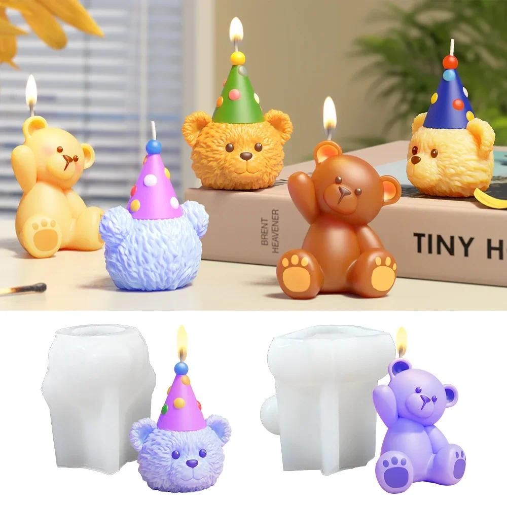 

DIY Birthday Bear Cake Topper Silicone Mold Trendy Teddy Bear Resin Candle & Scented Wax Mold Set for Party Decor Crafting