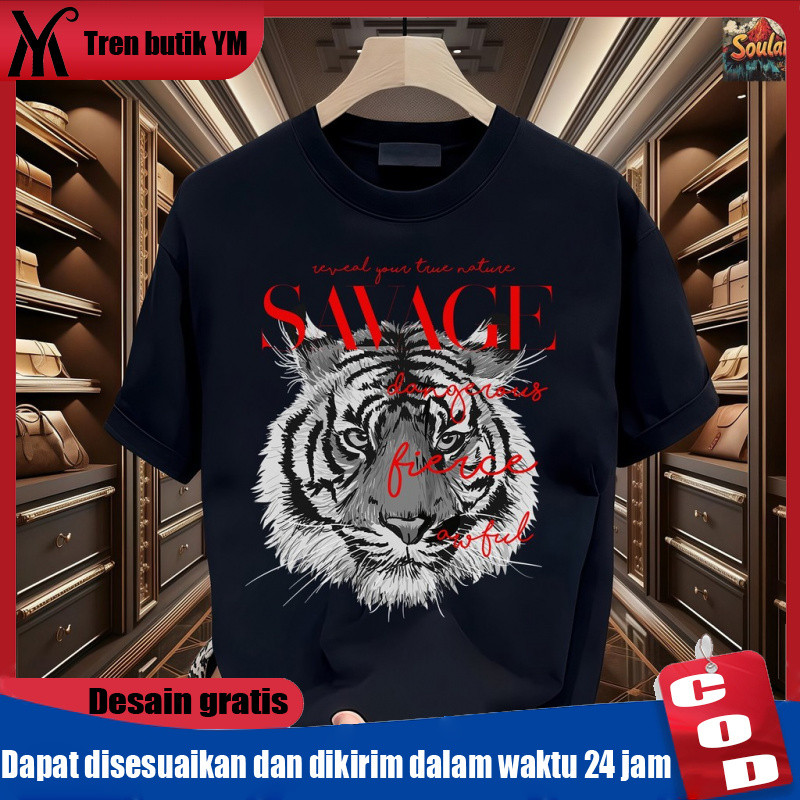 YM（COD）Kaos Hitam Putih Sablon Kepala Harimau Garang | Desain Chinese Style Aesthetic | Cotton Combe
