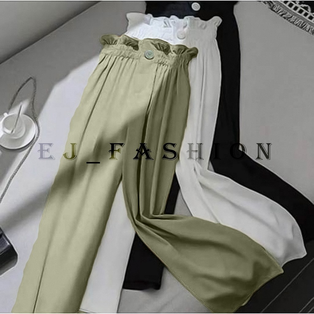 EJ Fashion Celana Wanita Kulot Panjang Highwaist Kerut Susun Kancing 1 Terbaru 2024 Kekinian Style