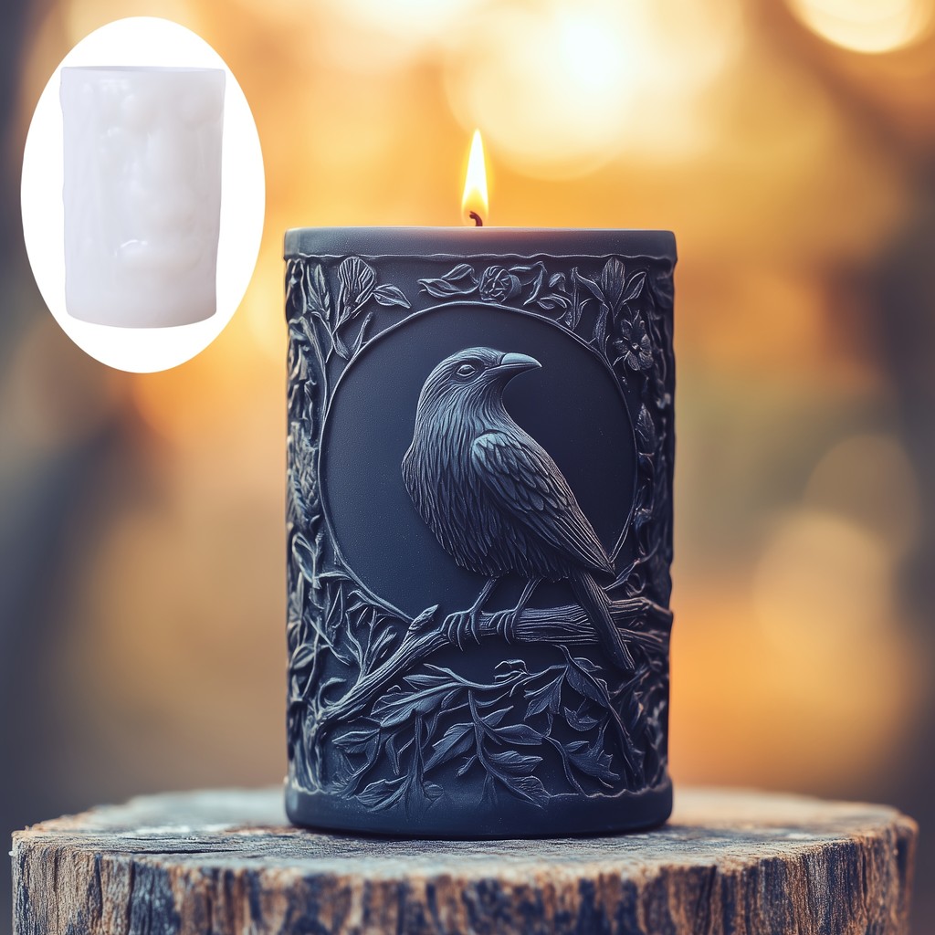 

3D Bird branch relief cylindrical candle silicone mold bird Crow leaf branch resin mould Rose flower bird cement gypsum molds