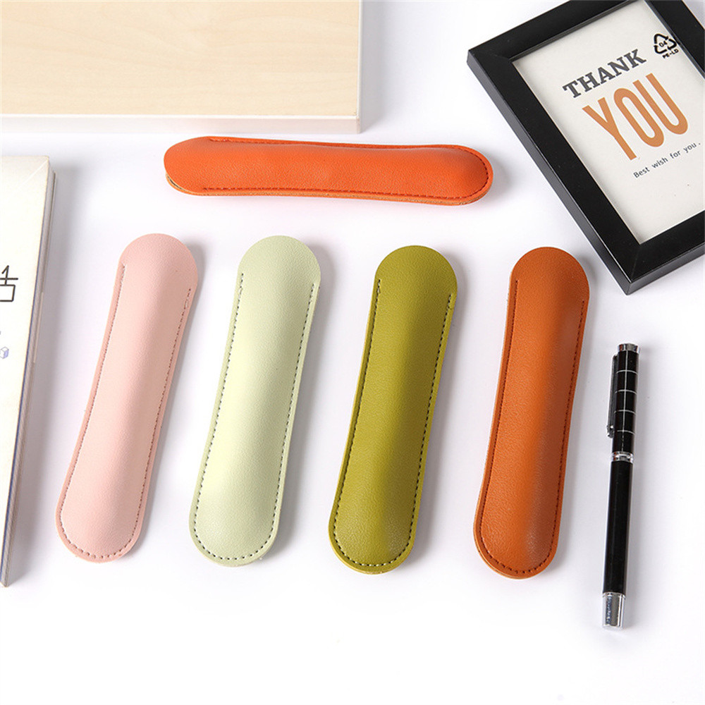 

Simple Pu Leather Pen Sleeve Pouch Notebook Pen Holder Stationery Candy Color Pen Protective Case Storage Bag Office Supplie
