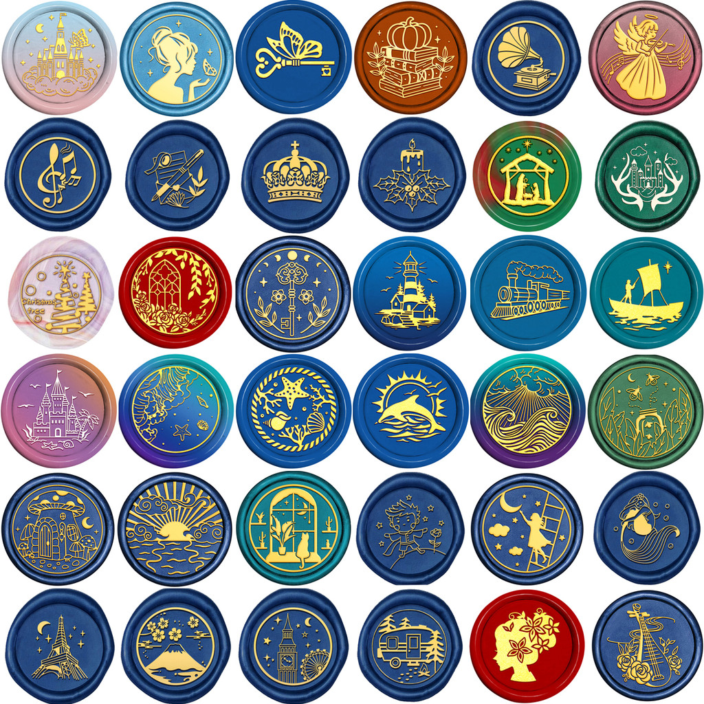 

25mm Wax Seal Stamps Head Ocean Wave Sundown Car Train Mixed Pattern Sealing Wax Stamper for DIY Scrapbooking Wedding Card Gift