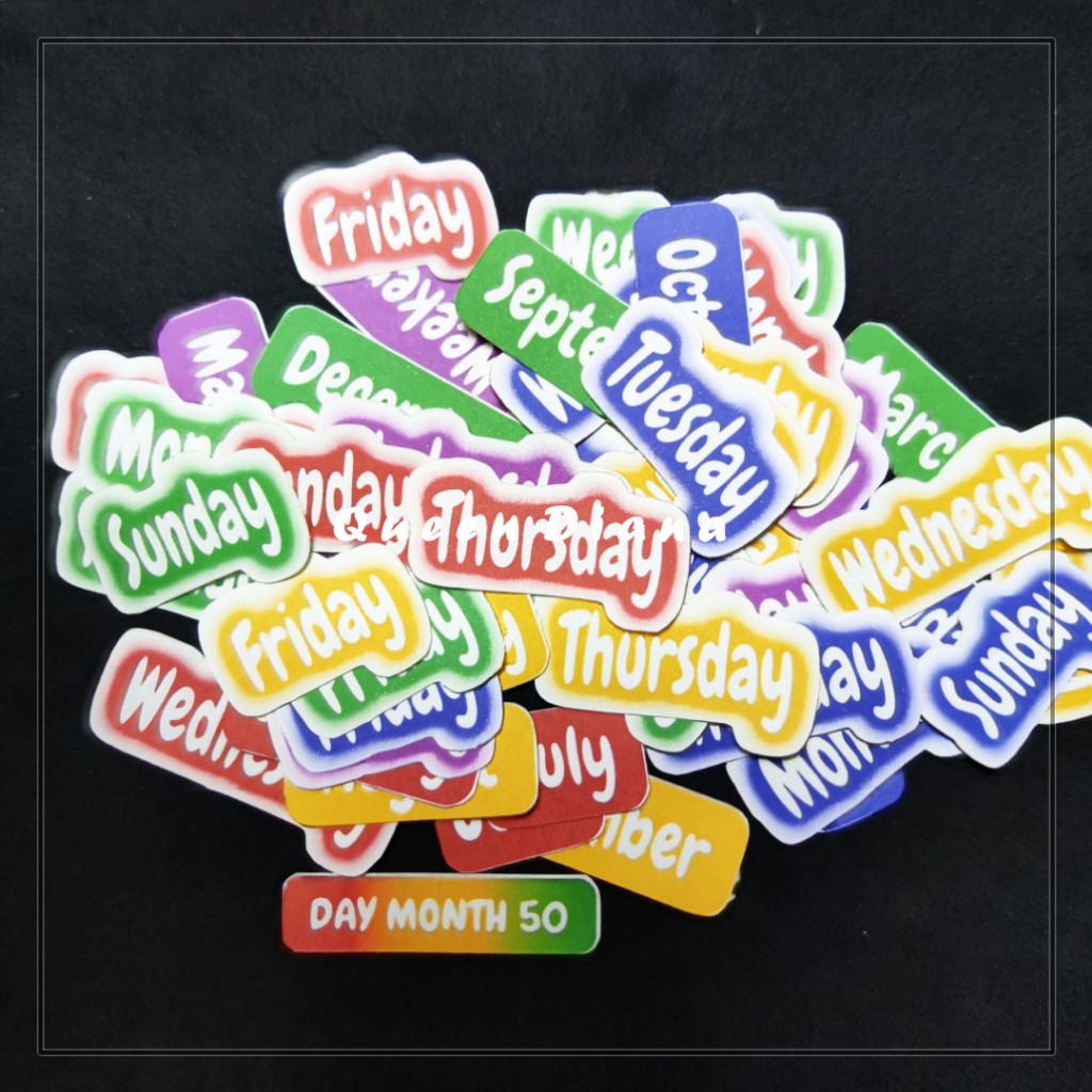 

Isi 50 Pcs Stiker Nama Hari Bulan Bahasa Inggris Lengkap Warna Warni Terlaris