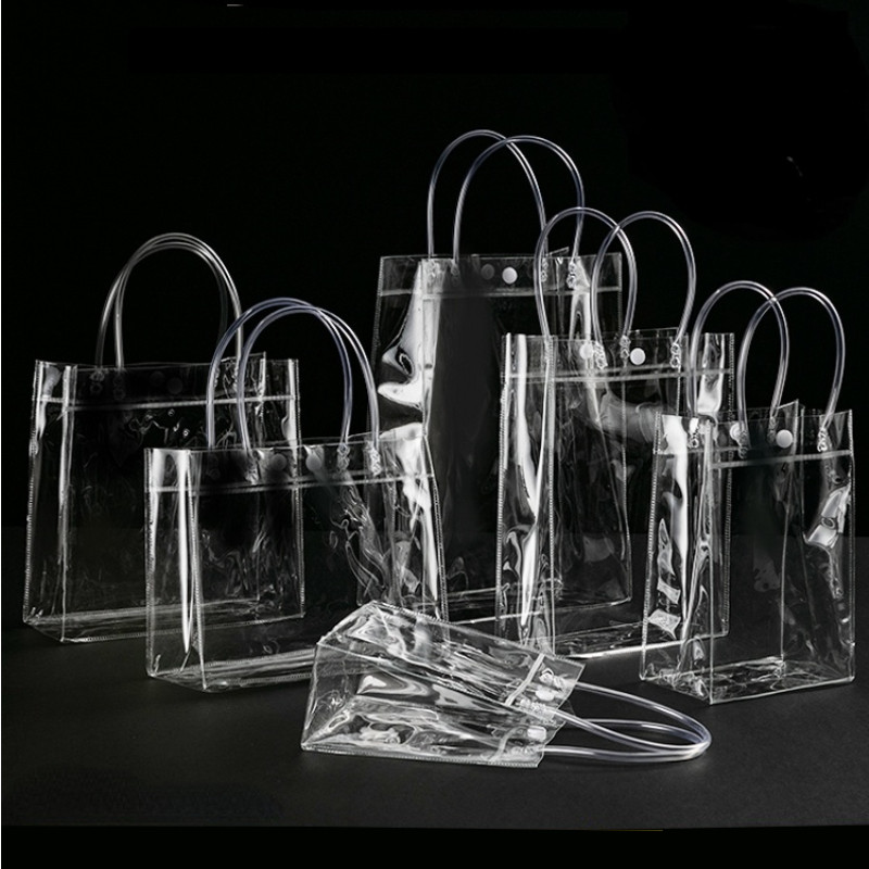 

10pcs/20pcs/lot PVC Transparent Gift Bags With Handles Clear Handbag With Button Party Favors Bag Wine Packaging Bags
