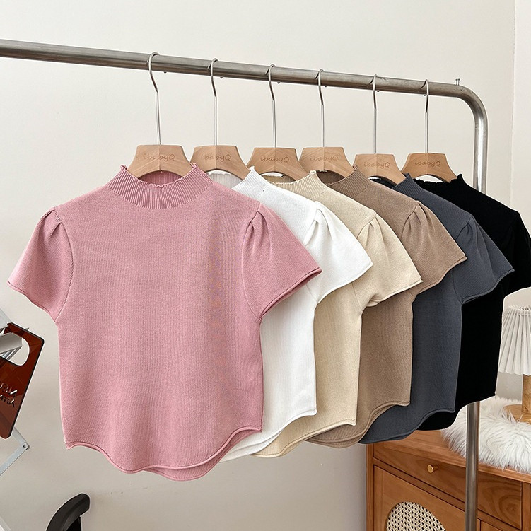 CUCI GUDANG BJ1647 Baju Atasan Rajut Wanita Inner Turtleneck Kerah Tinggi Lengan Pendek Fashion