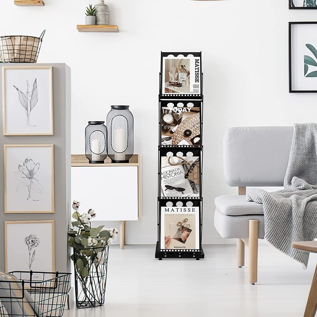 

Folding magazine rack newspaper rack brochure display rack catalog document rack 4 pockets suitable for office trade shows.