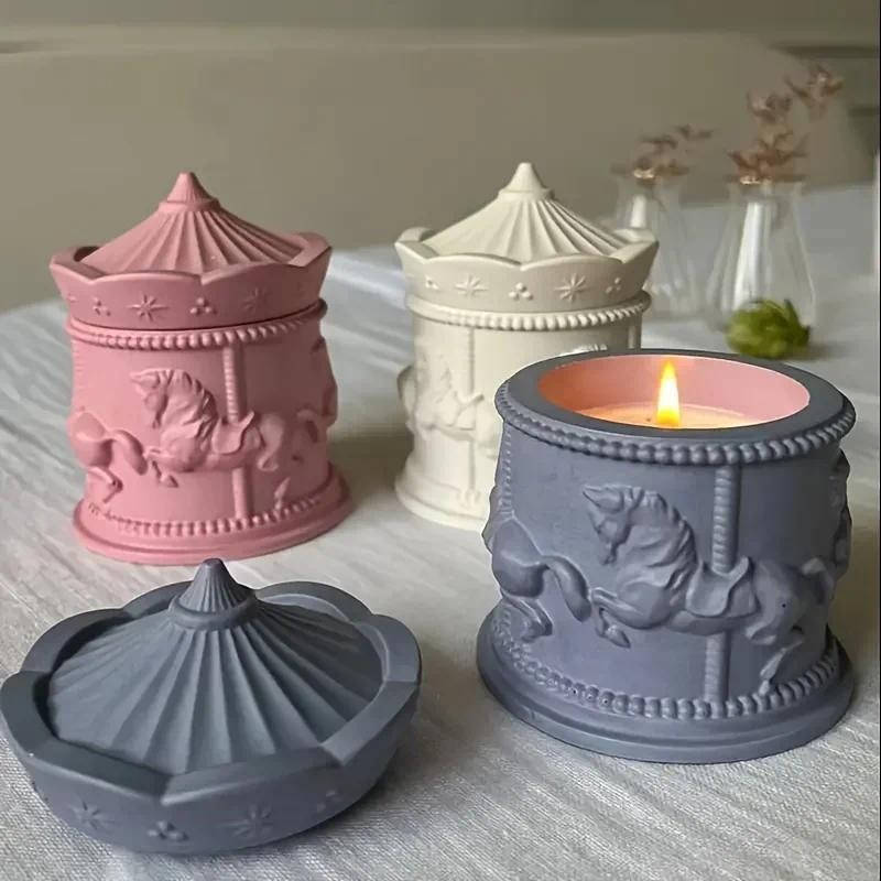 

1set Resin Jar Silicone Casting Mold With Lid, Carousel Shape Can Pen Holder Mould Epoxy Molds For DIY Jewelry Storage Organizer