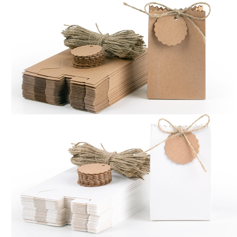 

10-30pcs Retro Kraft Paper Gift Box White Brown Cookie Candy Packaging Bag with Rope Tags Birthday Wedding Party Gifts Supplies