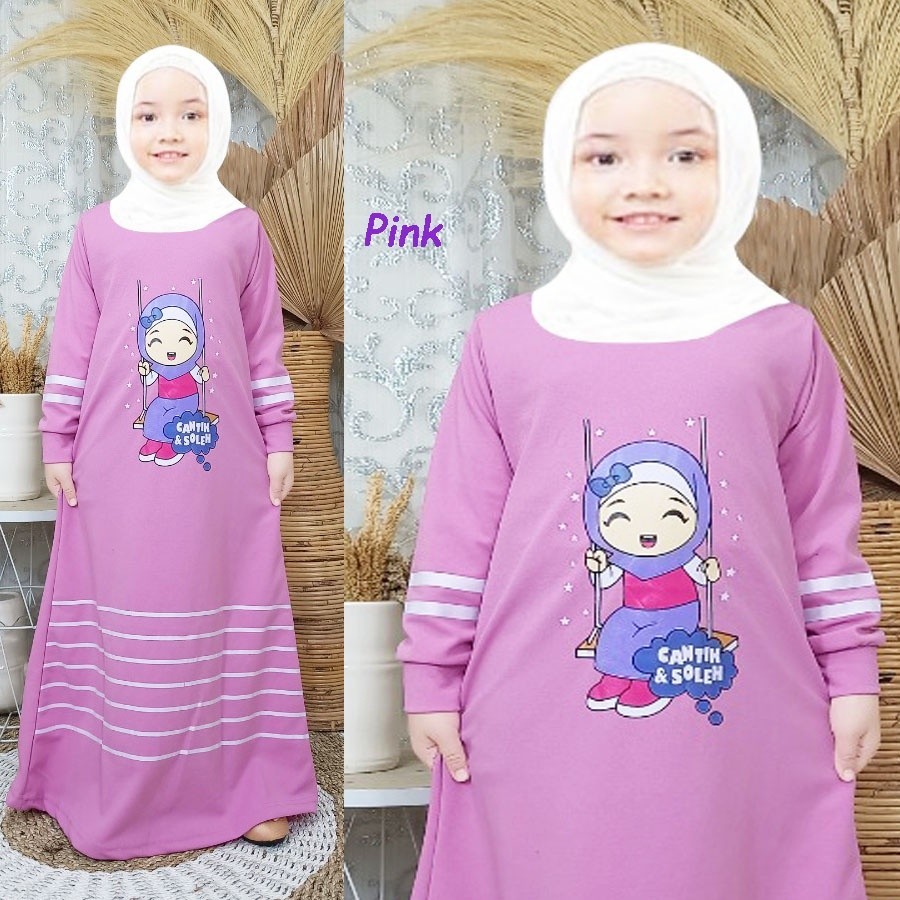 Gamis Anak Cantik & Soleha 2-12 Tahun Gambar Karakter Sablon Bahan Voxy Melar Balita Batita Murah Ki