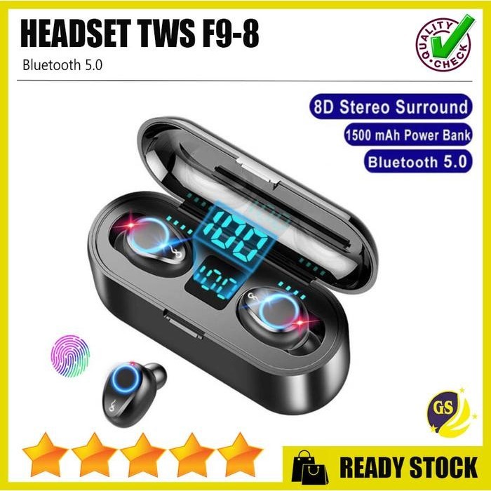 TWS-F9-8 Tahan Air Headset TWS 5.0 F9 Bluetooth Earphone Wireless Bass - Hitam