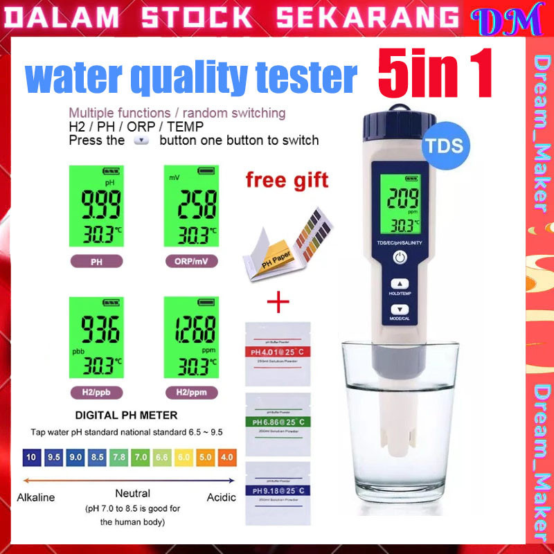 IDAMARKET       【COD】5 in 1 PPM TDS EC PH Pengukur Suhu Salinitas Pengukur Suhu Air Digital Pena Pen