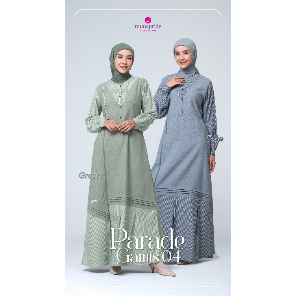 Rauna Parade Gamis 04 Dress Remaja Bahan Amix Stripe Warna Green Blue Polos Kombinasi Garis Ploi