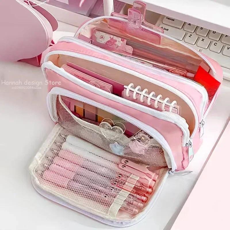 

Girls School Supplies Pink Aesthetic Pencil Bag Large Capacity Pencil Cases Cute Korean Stationery Holder Bag Zipper Pencil Case