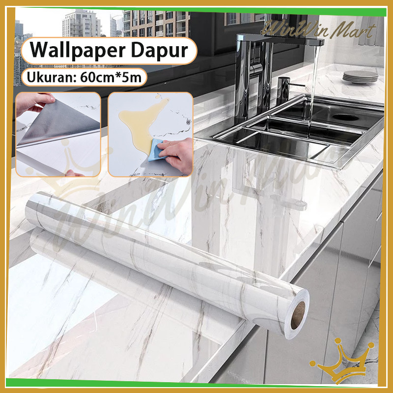 WWM Dinding Dapur Walpaper Bahan Alumunium Foil 5 Meter X 60 Cm Motif Marmer Putih Salur Cream