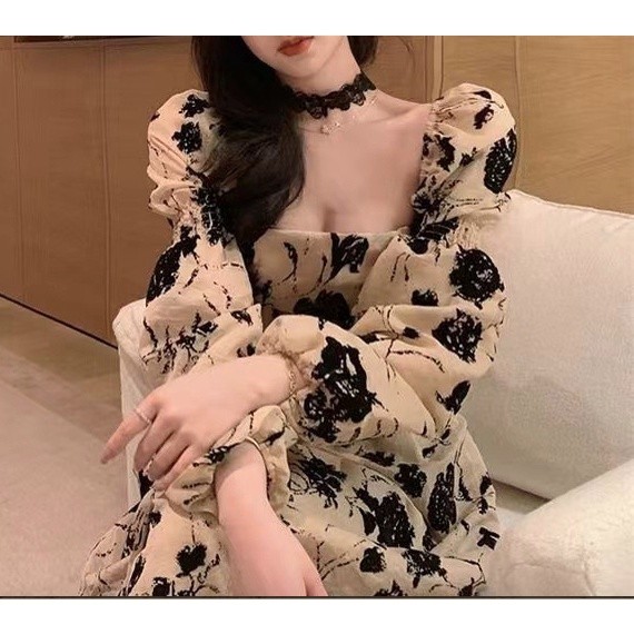 Puffy Tiered Long Sleeve Daisy Floral Midi Brown Dress with Square Neck - Dress Casual Import Lengan