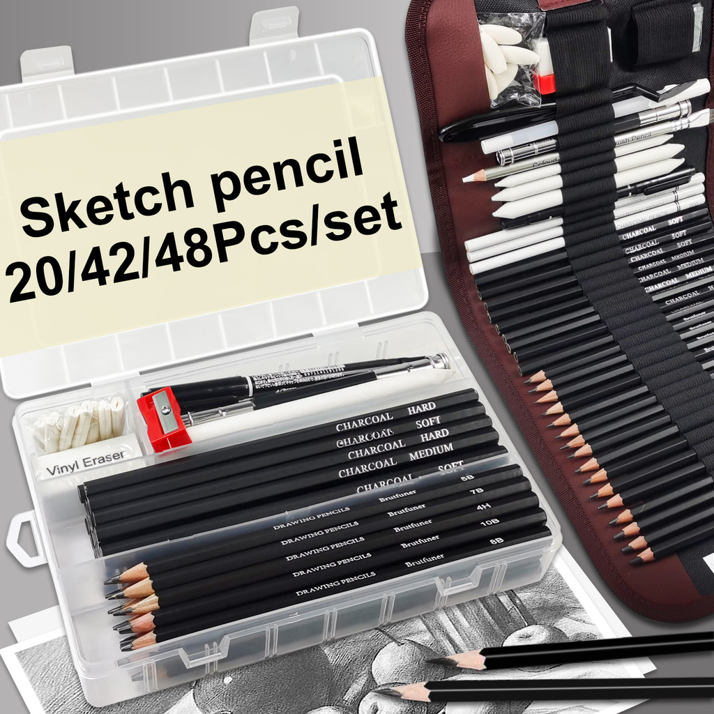 

20/38/42/48 pcs Sketch Pencil Set Sketching Kit Roll Up Canvas Wrap Bag Drawing Art Supplies Charcoals Kneaded Eraser PencilCase
